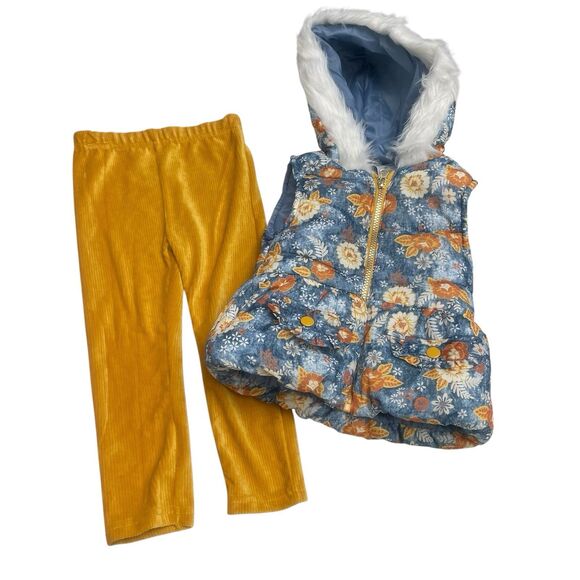 Little Lass Outfit Size 2T Floral Down Vest & Pants 2 Pc Winter Set Children's - Picture 1 of 8